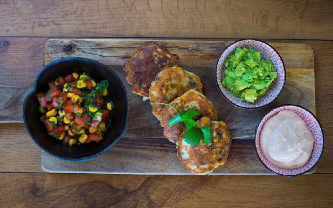 Mussel Fritters with Avocado, Sweetcorn Salsa, & Chipotle Cream